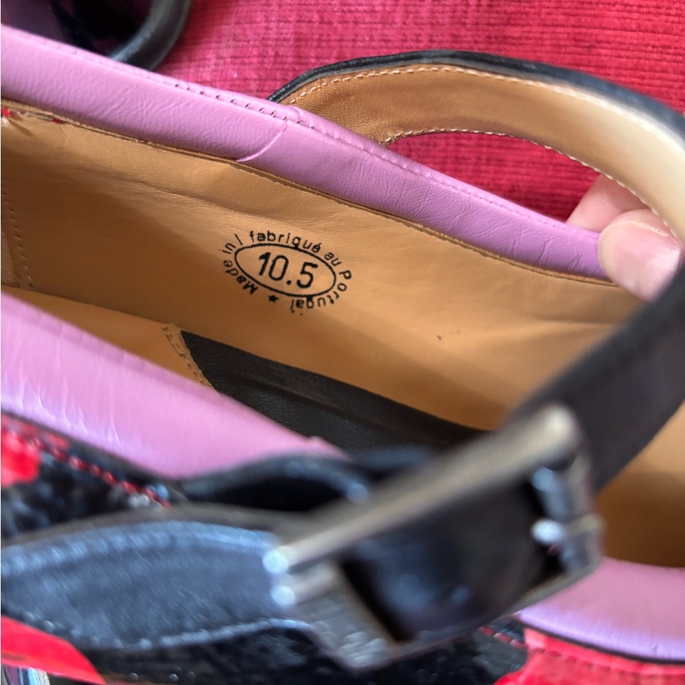 John Fluevog Black and Red Floral Mary Jane Heels with Pink Trim - Picture 9 of 9